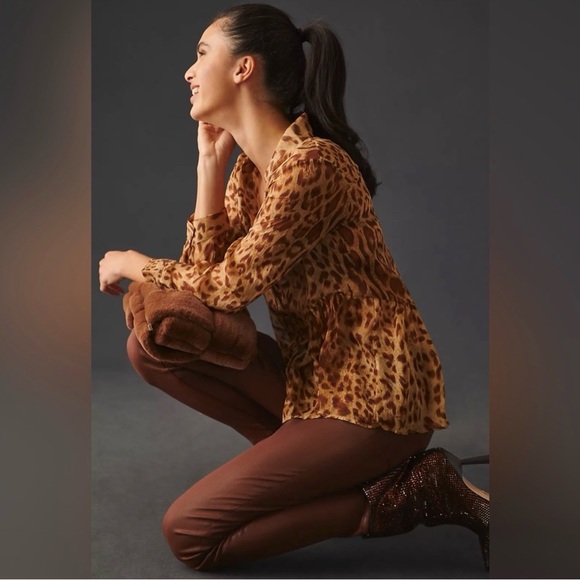 Anthropology BLUE TASSEL: Silk Leopard Tiered Blouse- Size Large - Picture 4 of 6